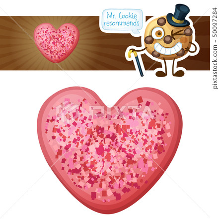 Pink sprinkles heart cookie illustration. Cartoon vector icon isolated on white background 50097284