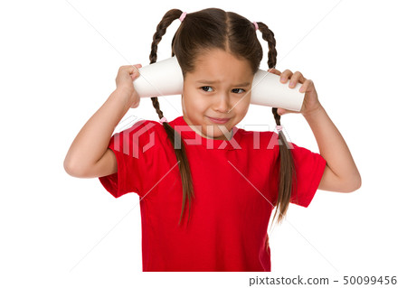 cute little child girl playing with paper cups 50099456