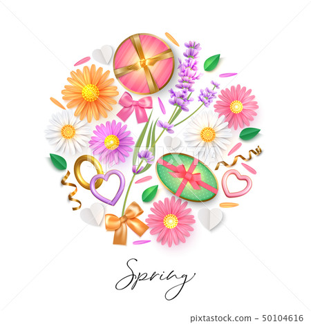Spring background with chamomile and lavender, gift box and bow Spring background with chamomile and lavender, gift box and bow 50104616
