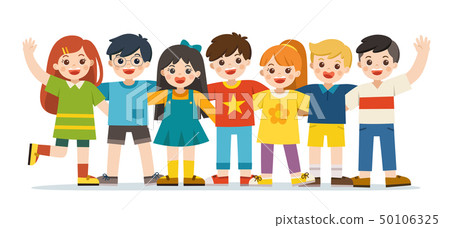 Happy student standing together and waving hands. 50106325