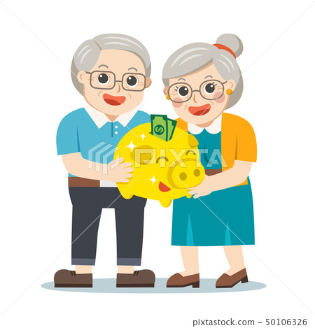 Grandpa and grandma standing with gold piggy bank 50106326