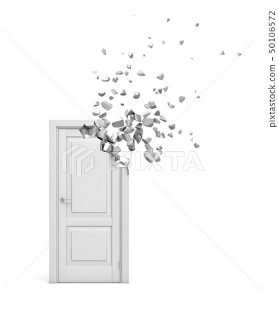 3d rendering of white door starting to dissolve into pieces from top right corner isolated on white 50106572
