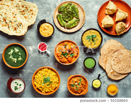 Indian food and indian cuisine dishes, top view 50108665