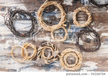 Easter decorations on a rustic background. 50108784