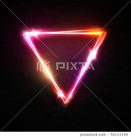 Shining triangle neon sign on black brick texture wall background. Glowing pink red yellow neon 50111149