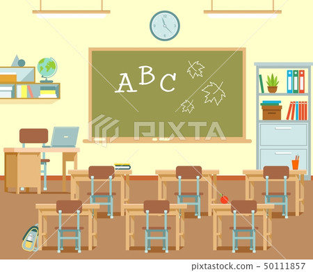 Empty School Classroom With Chalkboard And Desks Stock