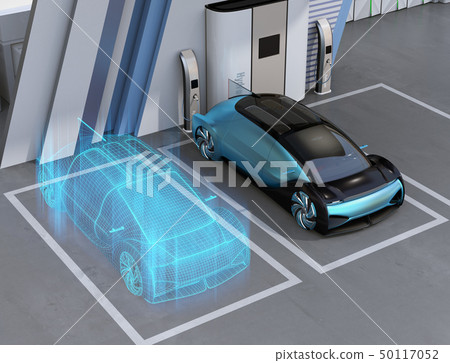 Digital mesh style processed image of an electric car. Digital twin concept 50117052