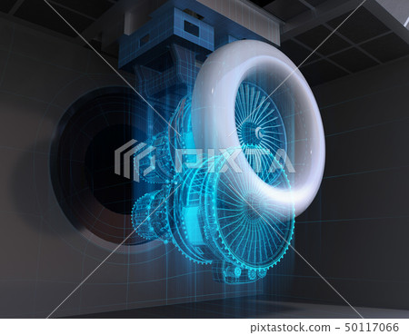 Wireframe image of jet engine operation test. Digital twin concept 50117066