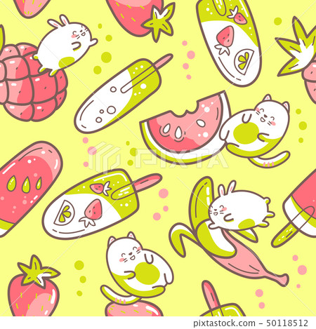 Kawaii cute seamless pattern with summer sweet food, ice-cream, fruits and funny characters jumping Kawaii cute seamless pattern with summer sweet food, ice-cream, fruits and funny characters jumping 50118512