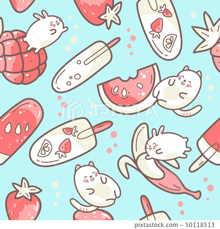 Kawaii cute seamless pattern with summer sweet food, ice-cream, fruits and funny characters jumping 50118513