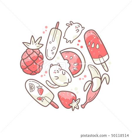 Kawaii cute round illustration with summer sweet food, ice-cream, fruits and funny characters 50118514