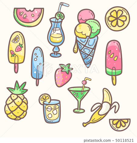 Kawaii cute collection of summer sweet food, ice-cream, fruits and coctails. Kawaii cute collection of summer sweet food, ice-cream, fruits and coctails. 50118521