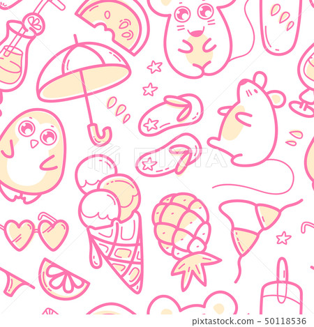 Kawaii seamless pattern with super cute animals penguin, mouse and summer sweet fruits, coctals and Kawaii seamless pattern with super cute animals penguin, mouse and summer sweet fruits, coctals and 50118536