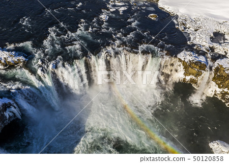 Godafoss waterfall on Skjalfandafljot river, Iceland. Aerial view. Godafoss waterfall on Skjalfandafljot river, Iceland. Aerial view. 50120858
