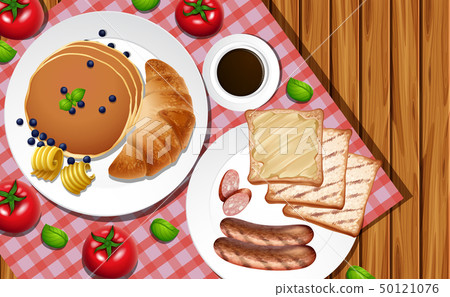 Breakfast set on wooden table - Stock Illustration [50121076] - PIXTA
