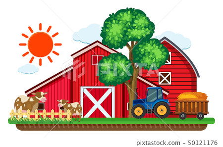 Big Red Barns And Two Cows In The Farm Stock Illustration