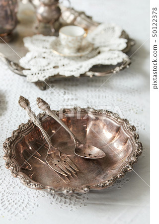 匙子，叉子，葡萄酒，盤子，桌，背景 50122378