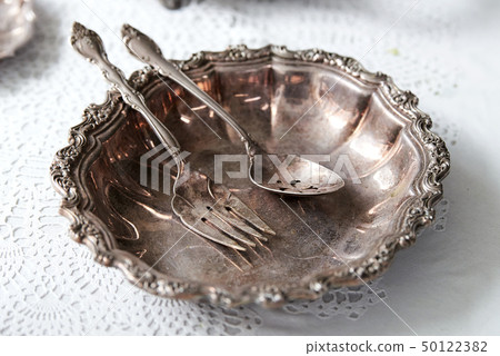 Spoon, fork, vintage, tray, table, background 50122382