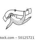 Smiling sloth hanging on a ribbon banner with copy space. Hand drawn, doodle style. 50125721