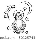 Smiling sloth astronaut in helmet sitting among stars. Hand drawn, doodle style. 50125743