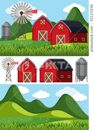 Farm Scenes With Red Barns And Windmill Stock Illustration