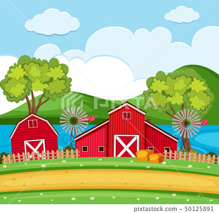 Farm Scene With Red Barns And Wind Turbines Stock Illustration