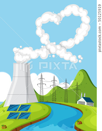 Factory with smoke by the river 50125919