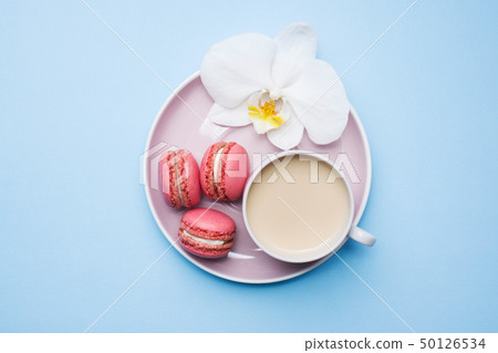 Concept morning Breakfast. Cup of coffee macaroon  50126534