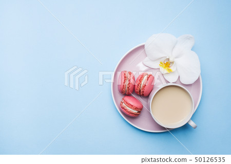 Concept morning Breakfast. Cup of coffee macaroon  50126535