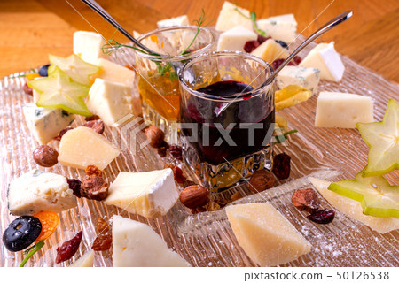 Cheese plate. Top view. Tasty cheese starter. Macro. 50126538