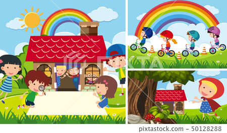 Three scenes with kids playing in garden Three scenes with kids playing in garden 50128288