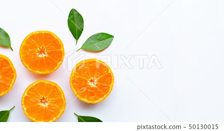 Orange fruits with leaves on white background. Orange fruits with leaves on white background. 50130015