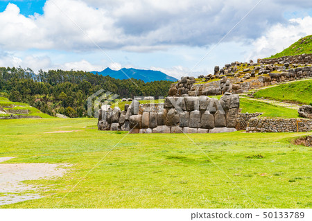 View of Sacsahuaman with a part of the stone wall 50133789