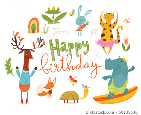Happy birthday card or poster with happy wild animals. Happy birthday card or poster with happy wild animals. 50135530