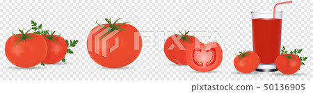 Tomato set. Detailed realistic red ripe fresh tomatoes with green leaves with water droplets Tomato set. Detailed realistic red ripe fresh tomatoes with green leaves with water droplets 50136905