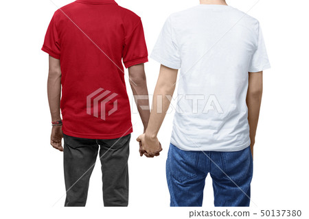 Rear view of gay couple holding hands together 50137380