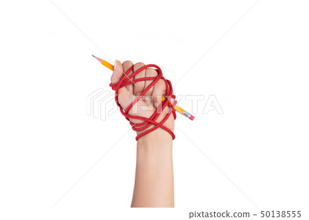 Woman hand with yellow pencil tied with red rope, Woman hand with yellow pencil tied with red rope, 50138555