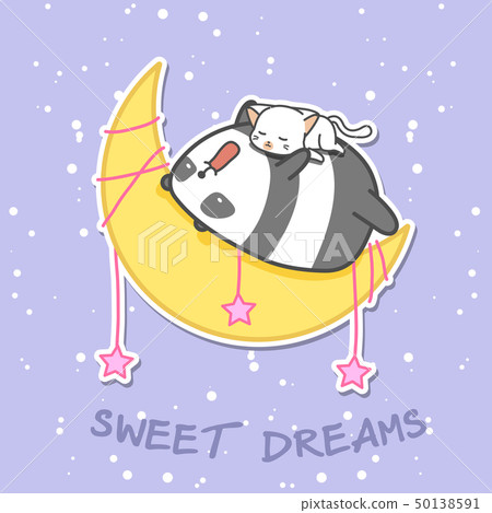Panda and cat are sleeping on the moon. 50138591