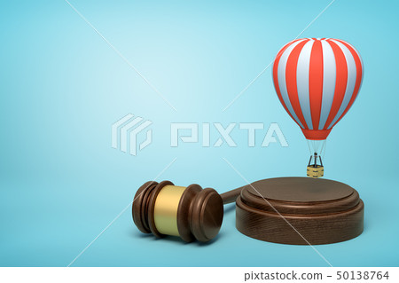 3d rendering of small striped hot-air balloon in air above brown sound block with gavel beside on 50138764
