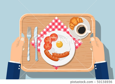 Top view of breakfast on wooden tray. Top view of breakfast on wooden tray. 50138936