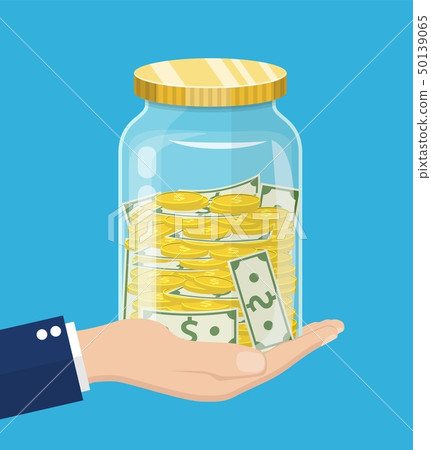 hand saver with glass jar and coins money 50139065
