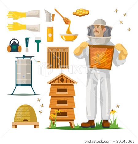 Apiculture icons with beekeeper in hiver suit 50143365