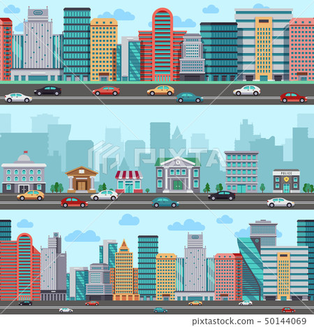 City street with cars and buildings. Vector... - Stock Illustration ...