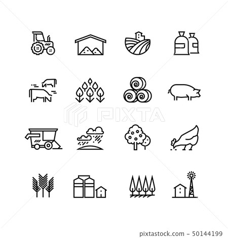 Farm harvest linear vector icons. Agronomy and farming pictograms. Agricultural symbols Farm harvest linear vector icons. Agronomy and farming pictograms. Agricultural symbols 50144199