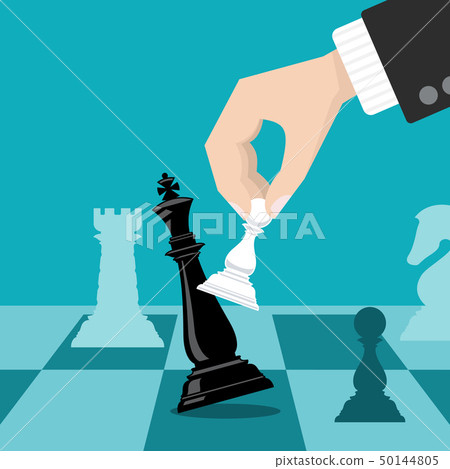 Business checkmate strategy vector concept with hand holding chess pawn knocking down king 50144805
