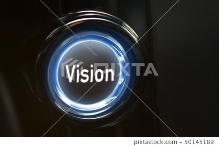 Button Vision pointing the future, blue-lighted on black Button Vision pointing the future, blue-lighted on black 50145189
