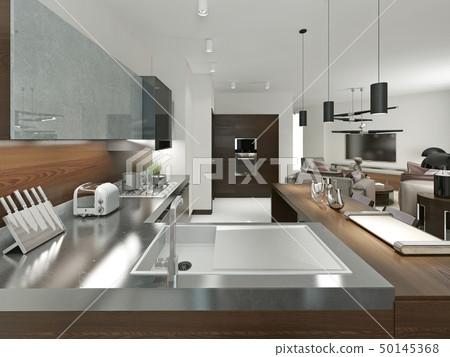 Contemporary kitchen with metal worktop. 50145368