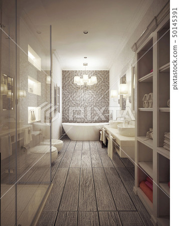 Bathroom in Provencal style with patterned tiles Bathroom in Provencal style with patterned tiles 50145391