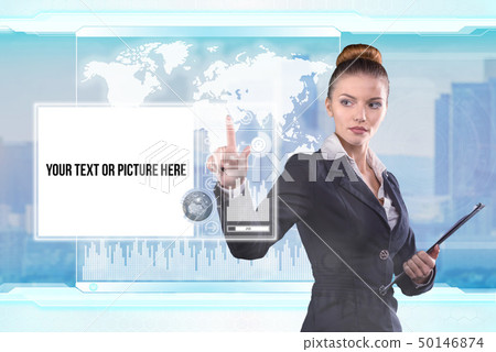 Young business lady works with virtual graphic interface in futuristic office 50146874