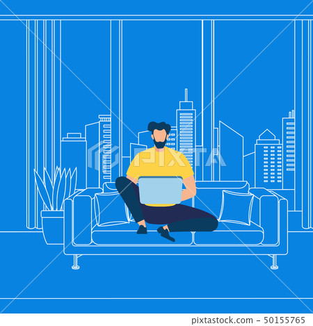 Bearded Guy Working on Laptop on Blue Background Bearded Guy Working on Laptop on Blue Background 50155765